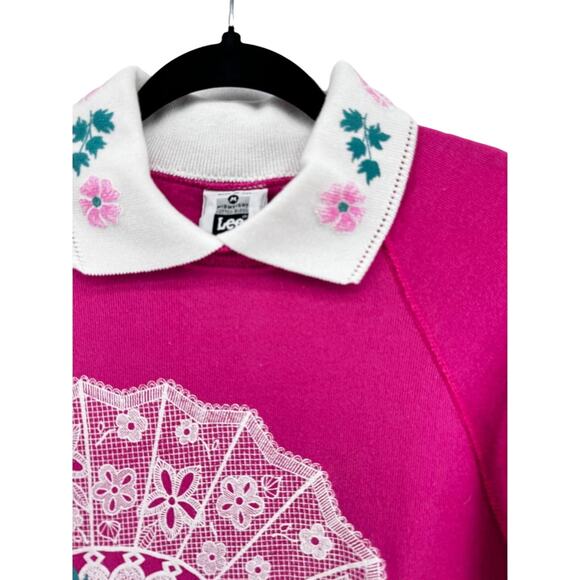 80s 90s Vintage Lee Grandmacore Cottage Core Granny Hot Pink Sweatshirt Medium - Picture 7 of 7